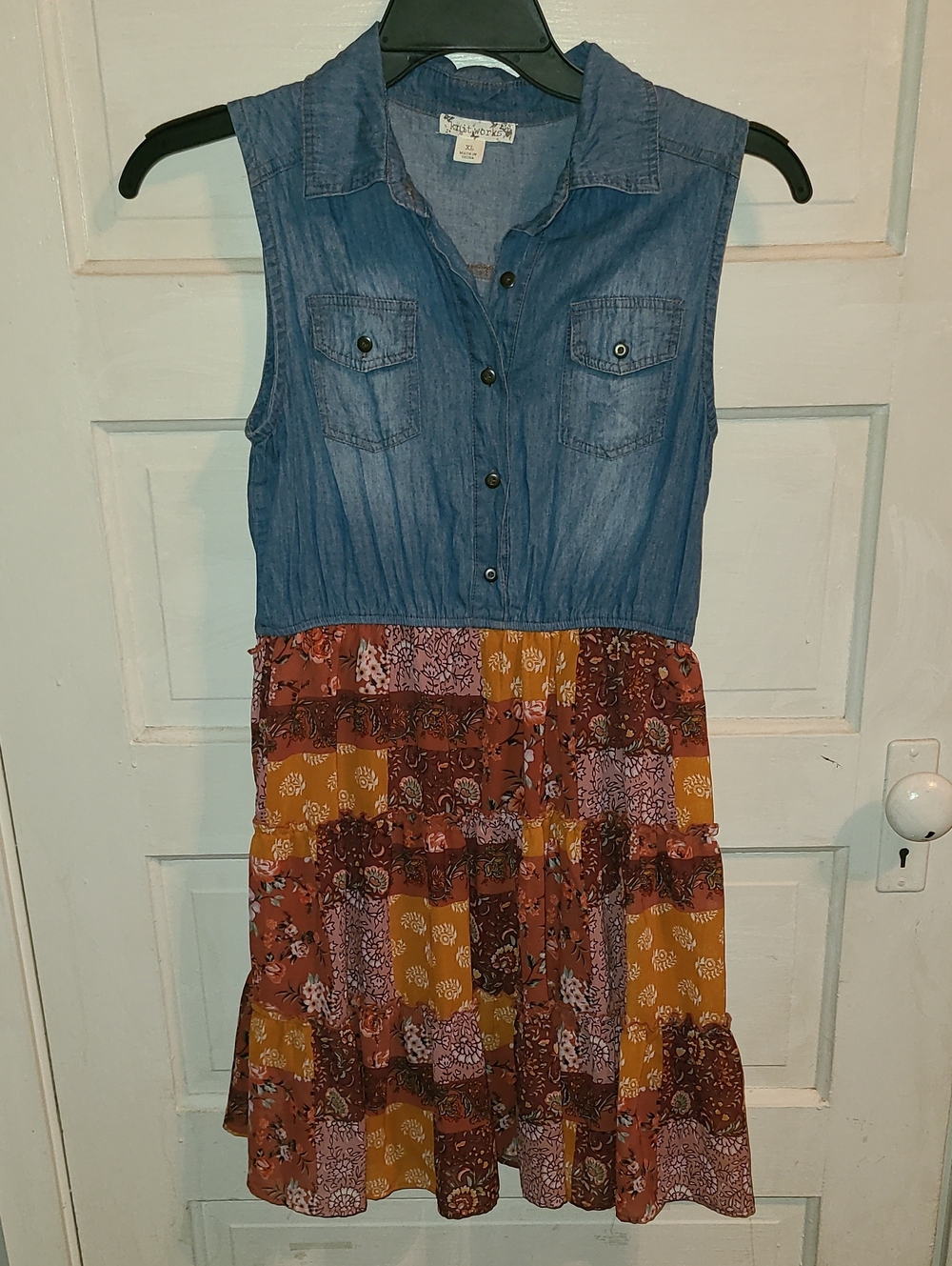 Knitworks Chambray Bodice Patchwork Tiered Dress - Blue & Mustard